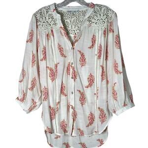 Figueroa & Flower Blouse Women's Medium Cream Pink Floral Peasant Cottagecore